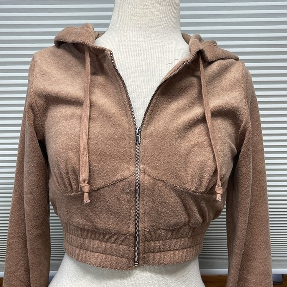 Tic Toc NWT Brown Terry Cropped Zip Up Hoodie Hooded Sweatshirt Jacket - Picture 3 of 10